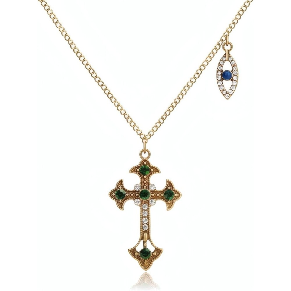 Gold Tone Green Crystal Cross Blue Evil Eye Layered Necklace Gift Set for Women
